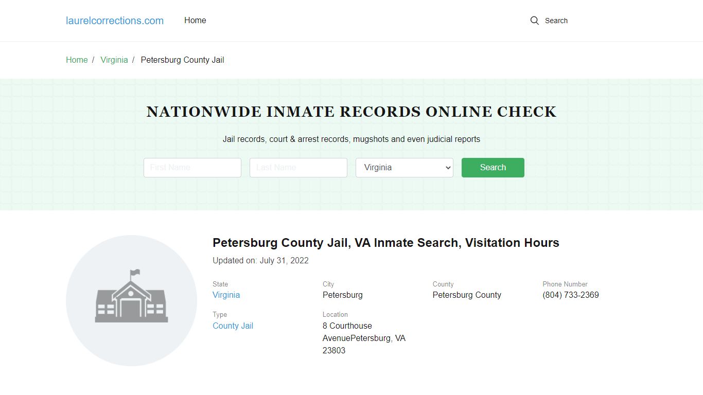 Petersburg County Jail, VA Inmate Search, Visitation Hours