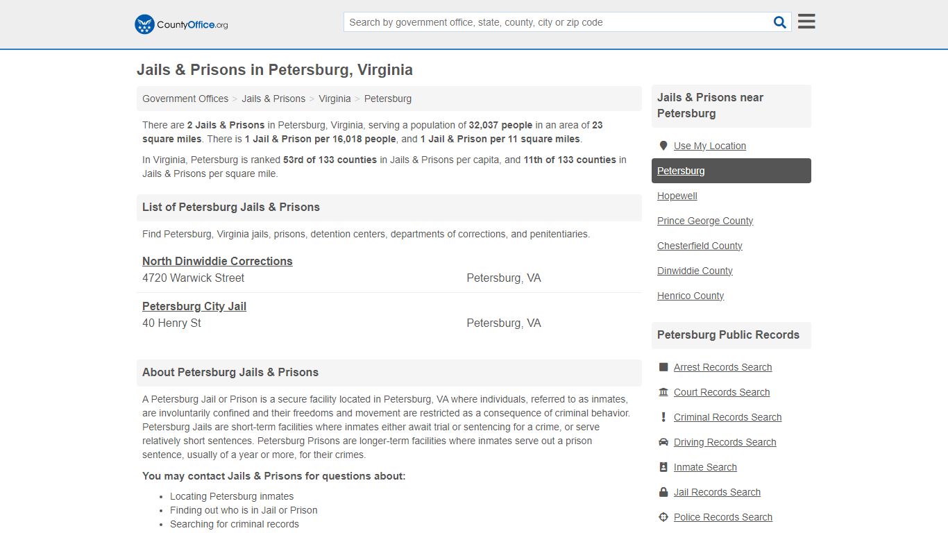 Jails & Prisons - Petersburg, VA (Inmate Rosters & Records) - County Office